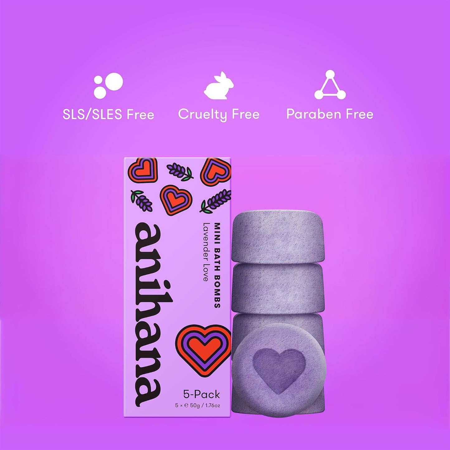 ANIHANA Mini Bath Bombs with Coconut Oil, Paraben Free, Hand-Crafted Luxury Fizzers, Refreshing Lavender Love Scent, 1.76 oz Each, 5 Pack