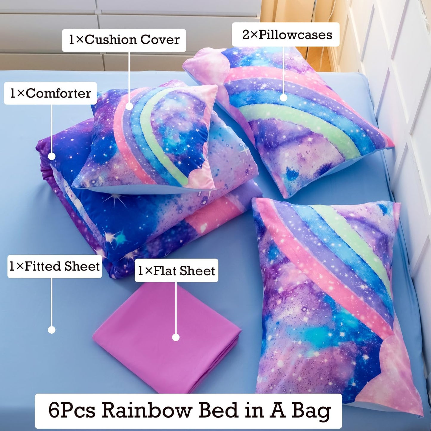 ANGIYUIN Rainbow Full Size Bedding Comforter Set for Girls Gradient Glitter Comforter Set 3D Tie Dye Blue Bedding Sets 6Pcs Soft Lightweight Girl Bed in A Bag for All Season