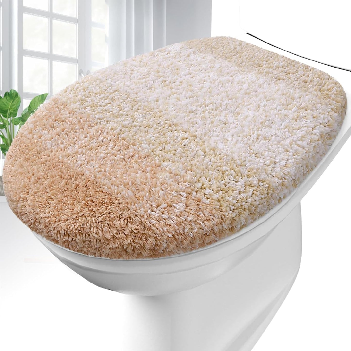 OLANLY Soft Microfiber Bathroom Toilet Lid Cover, Machine Washable Covers, 17.5x15, Stays in Place Rubber Backing, Fits Most Round, Elongated and Oblong Lids, Accessories Decor, Beige
