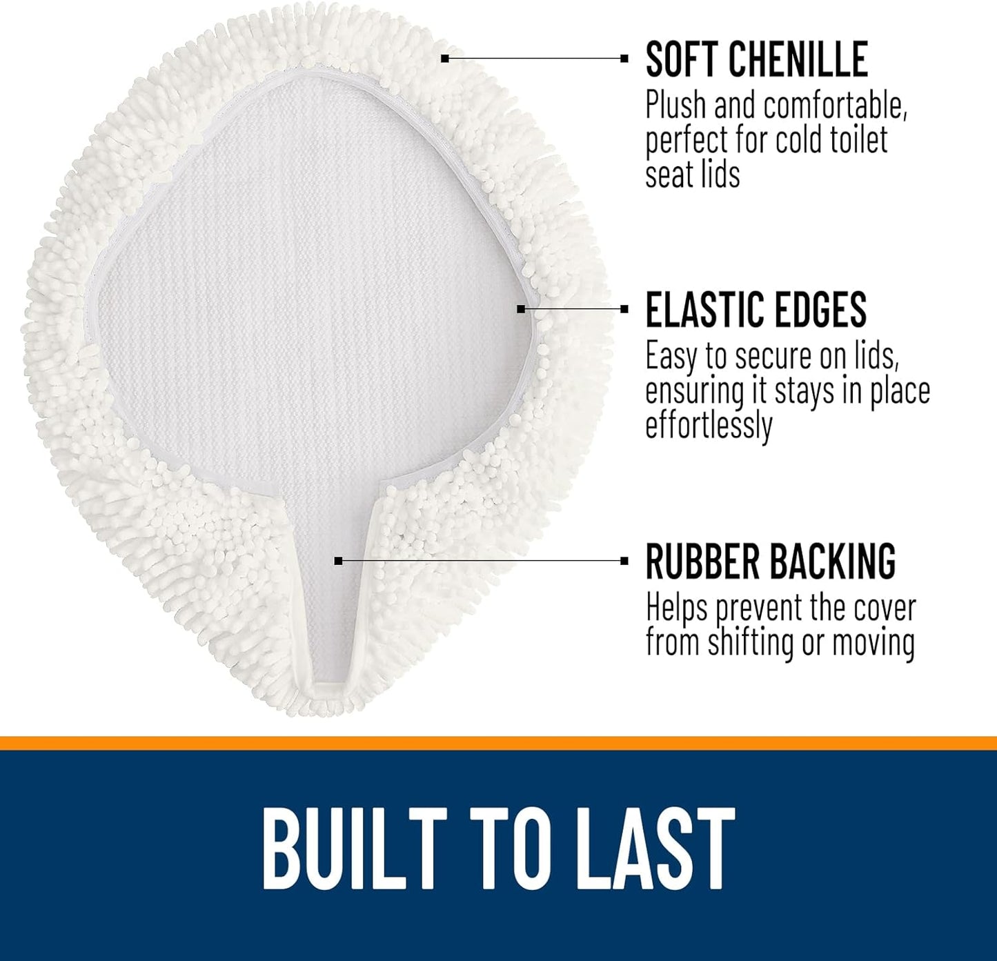 OLANLY Soft Chenille Bathroom Toilet Lid Cover, Machine Washable Seat Covers, 17.5x15, Stays in Place Rubber Backing, Fits Most Round, Elongated and Oblong Lids, Accessories Decor, Ivory