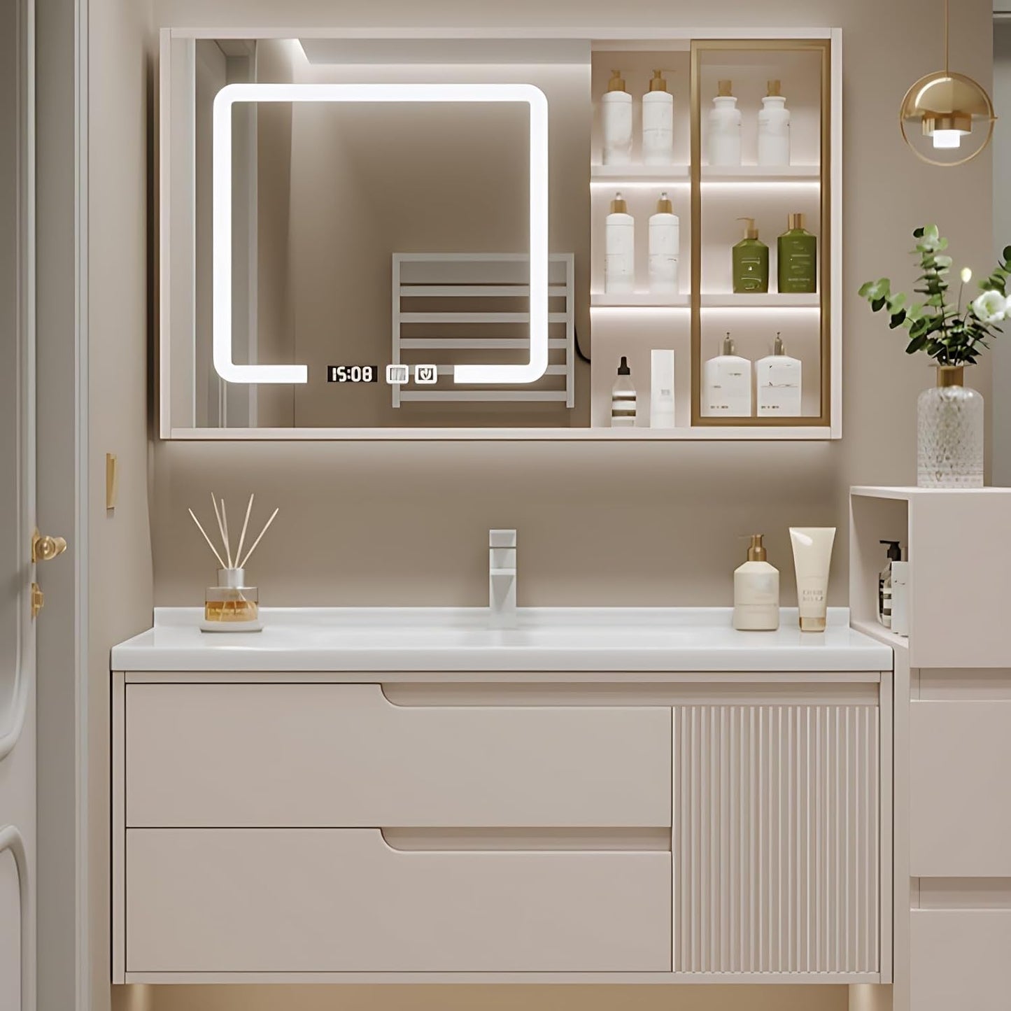 Cream Grey Sophisticated Bathroom Vanity - Bathroom Vanity with Smart Storage & Mirror Cabinet, Defogging, LED Light | Wall-Mounted Bathroom Storage Cabinet & Bathroom Vanity with Sink (Cream, 44IN)