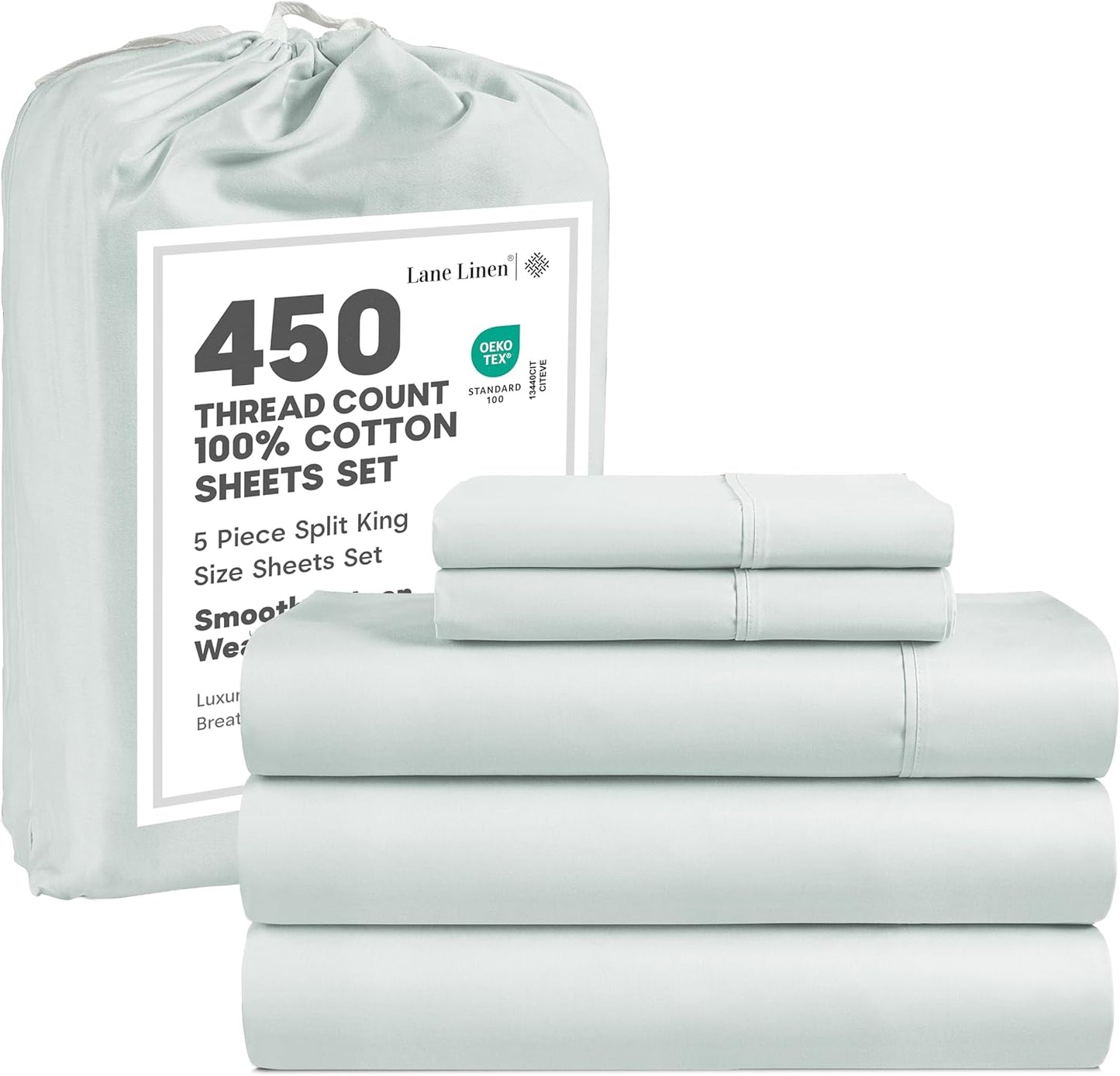 LANE LINEN Split King Sheets for Adjustable Bed 100% Cotton Sheets 450 Thread Count Sateen 5 Pc Split Sheet Set with 2 Twin-XL Fitted Sheets Deep Pocket, Cooling & Breathable - Ballad Blue