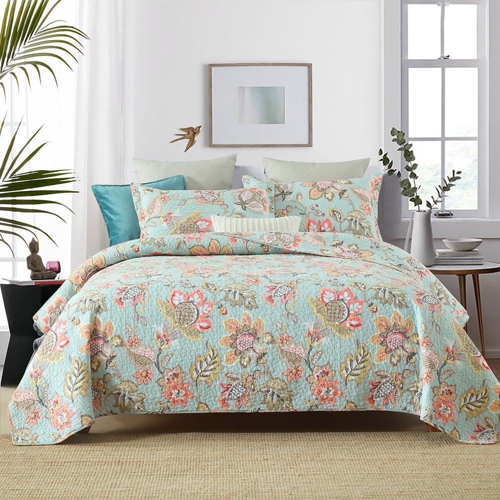 Cotton Bedspread Bedding Coverlet Quilt Sets, Reversible Vintage Branch Floral Bedspread comforters, (Vintage Floral Blue Pattern, King Size)