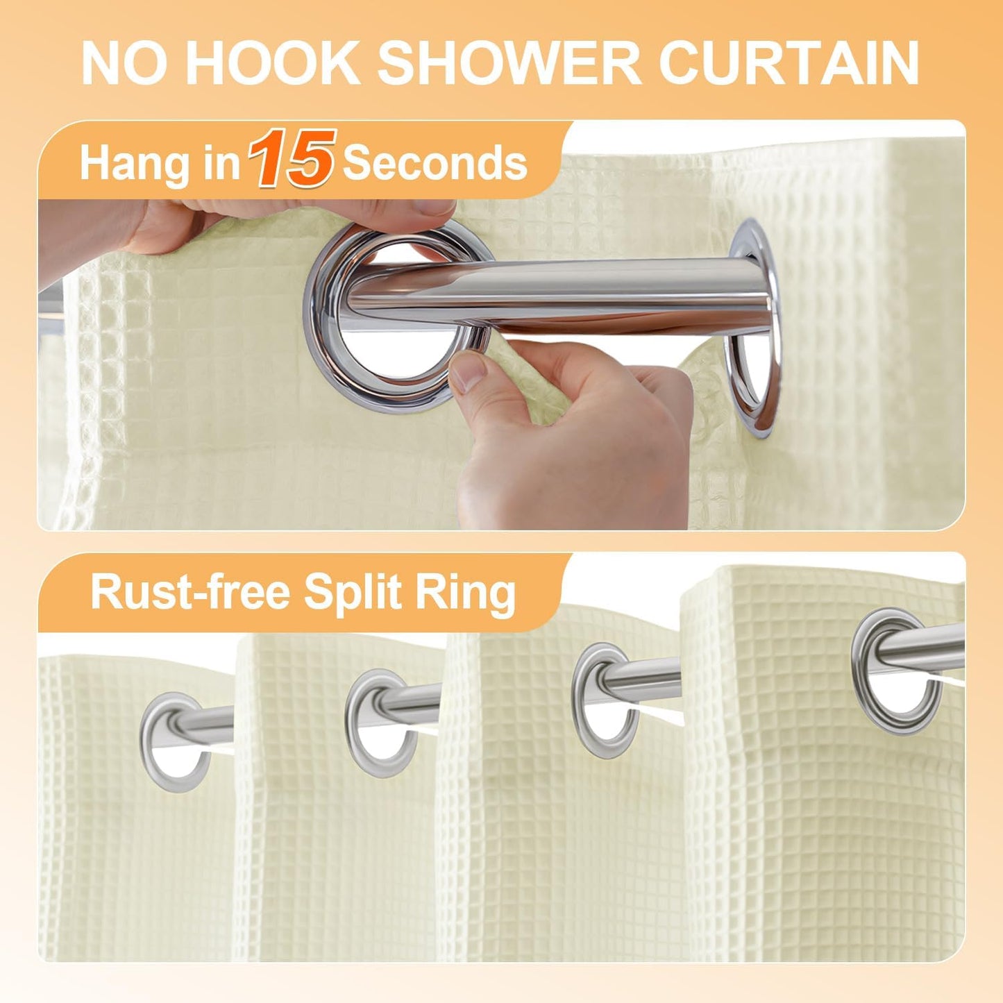 River Dream Cotton Blend Shower Curtain with Snap in Liner, Cream No Hook Shower Curtains for Bathroom, Hotel Grade, Water Repellent, 71" W x74 L