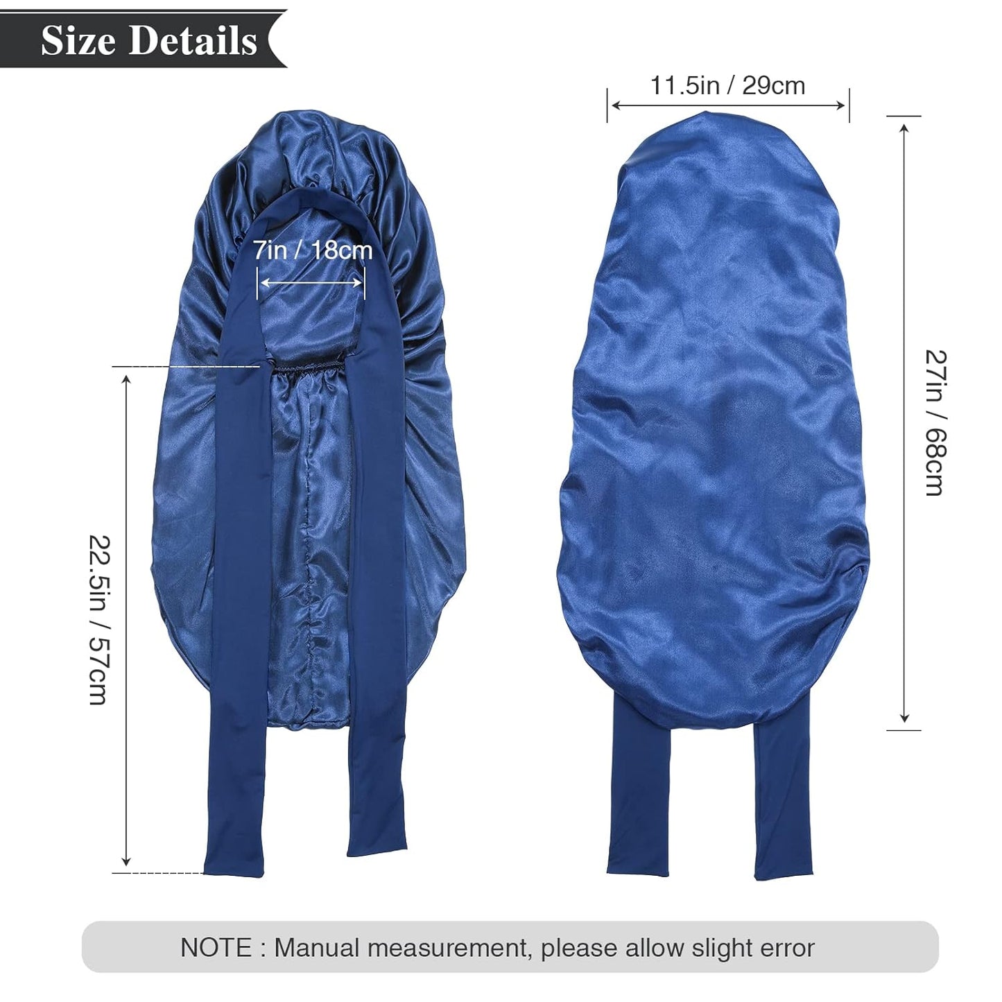 AWAYTR Long Satin Bonnet for Women - Double Layer Elastic Silk Bonnet for Braids Hair Sleeping Cap with Tie Band (Royal Blue)