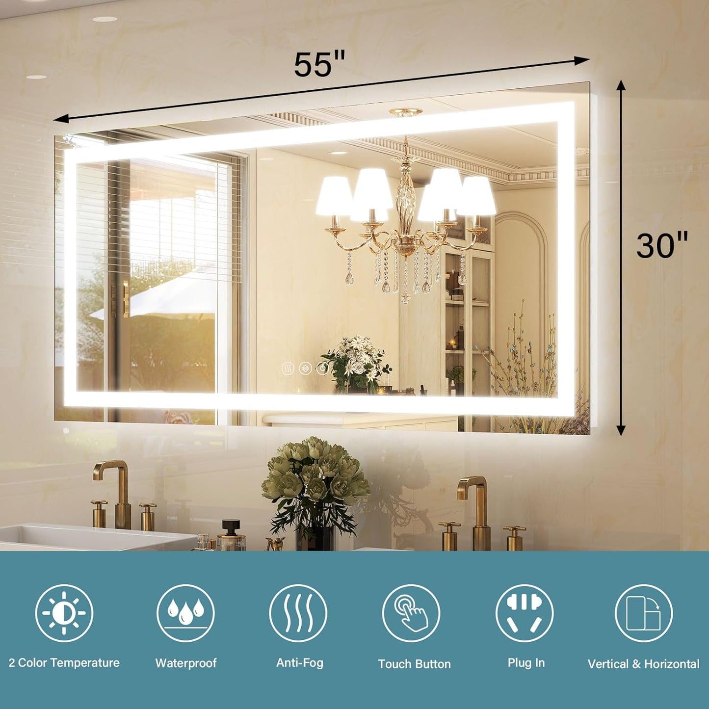 GLSLAND LED Bathroom Mirror - 55"x30" Anti-Fog Lighted Wall Mirrors with Memory Function, Dimmable, Frontlit & Backlit, Horizontally/Vertically, Tempered Glass