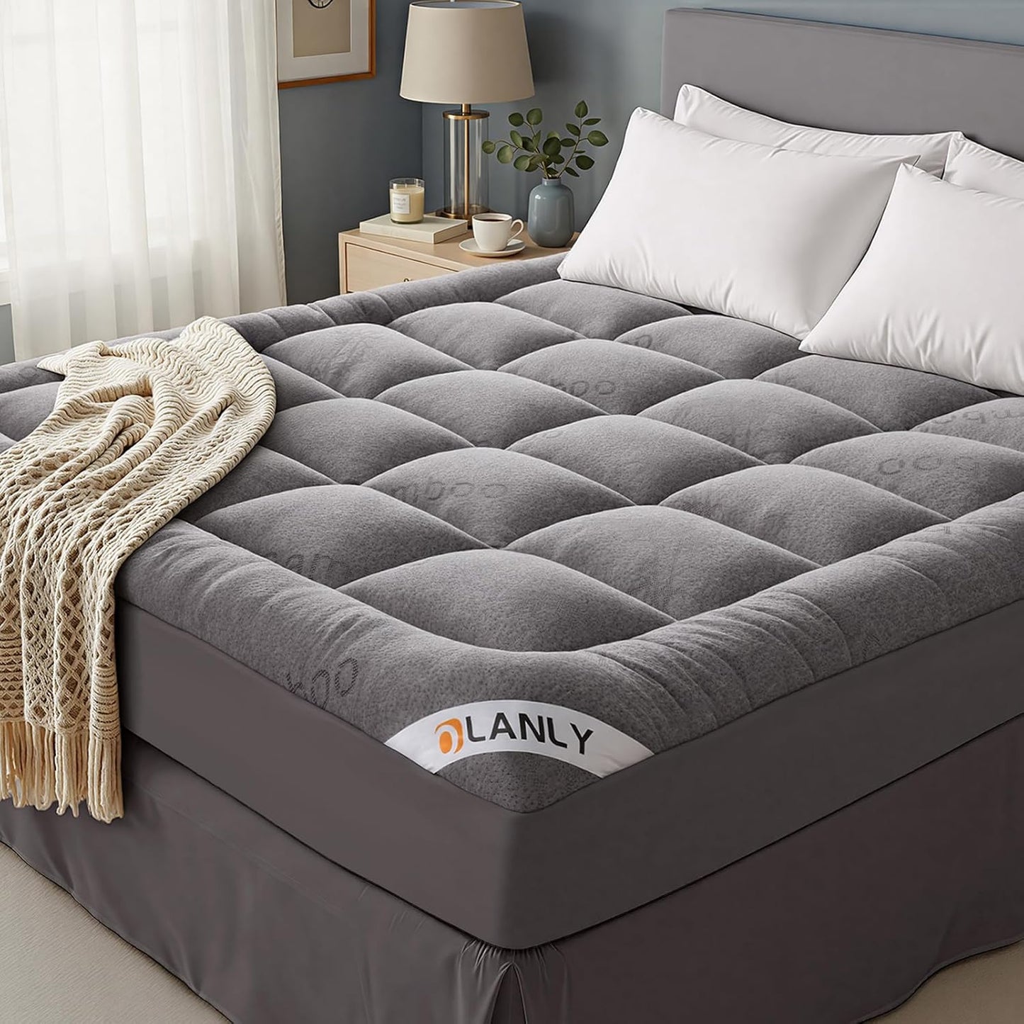 OLANLY California King Mattress Topper, Viscose Made from Bamboo, Cooling Soft Pillow Top Mattress Pad for Back Pain Relief, Plush Down Alternative Fill Bed Topper with Elastic Deep Pocket, Light Gray