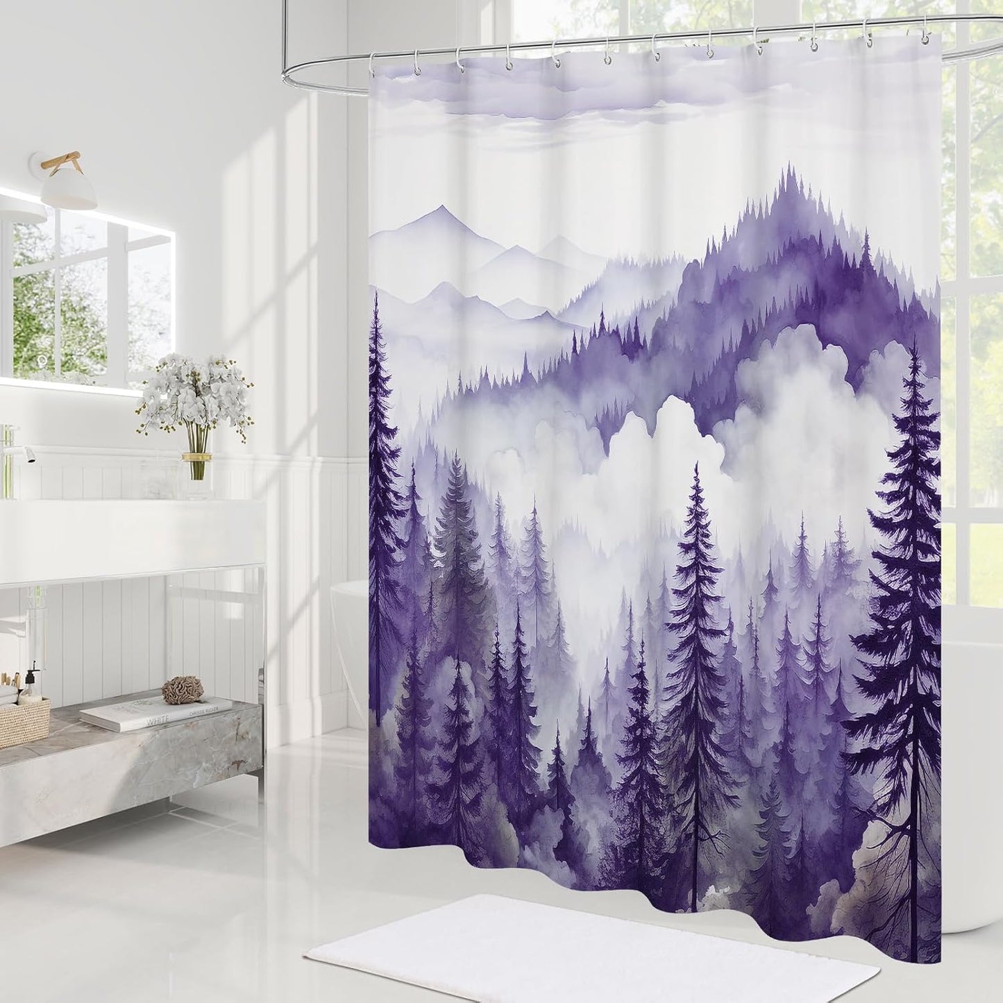Purple Long Misty Pine Forest Shower Curtain 72 x 78, Mountain Foggy Woodland Scenery Tree 78 Inch Long Shower Curtains for Bathroom, Abstract Waterproof Nature-Themed Decor