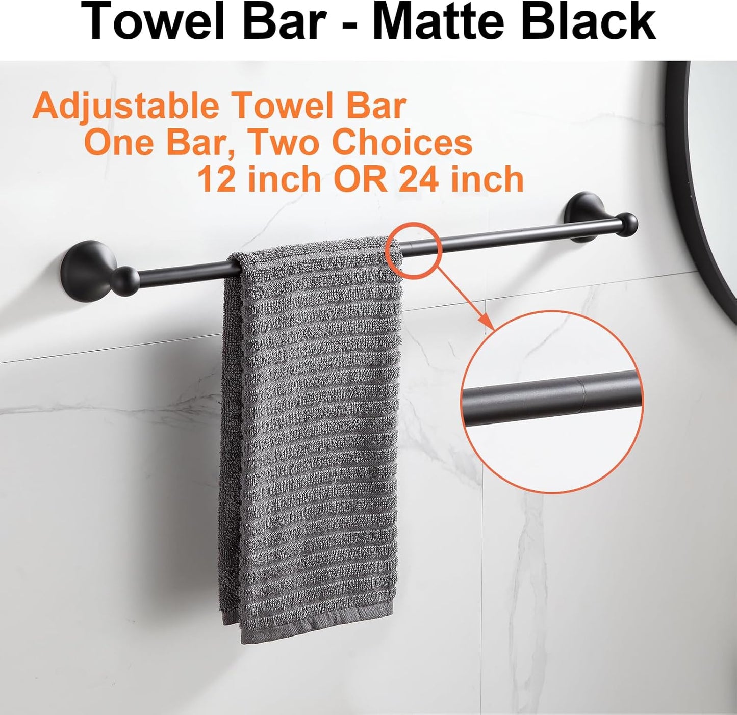 BGL Bathroom Accessory Set, Matte Black Adjustable Expandable Towel Bar 4-Piece Bathroom Hardware Set Wall Mounted Robe Hook Toilet Paper Holder Towel Ring Towel Bar