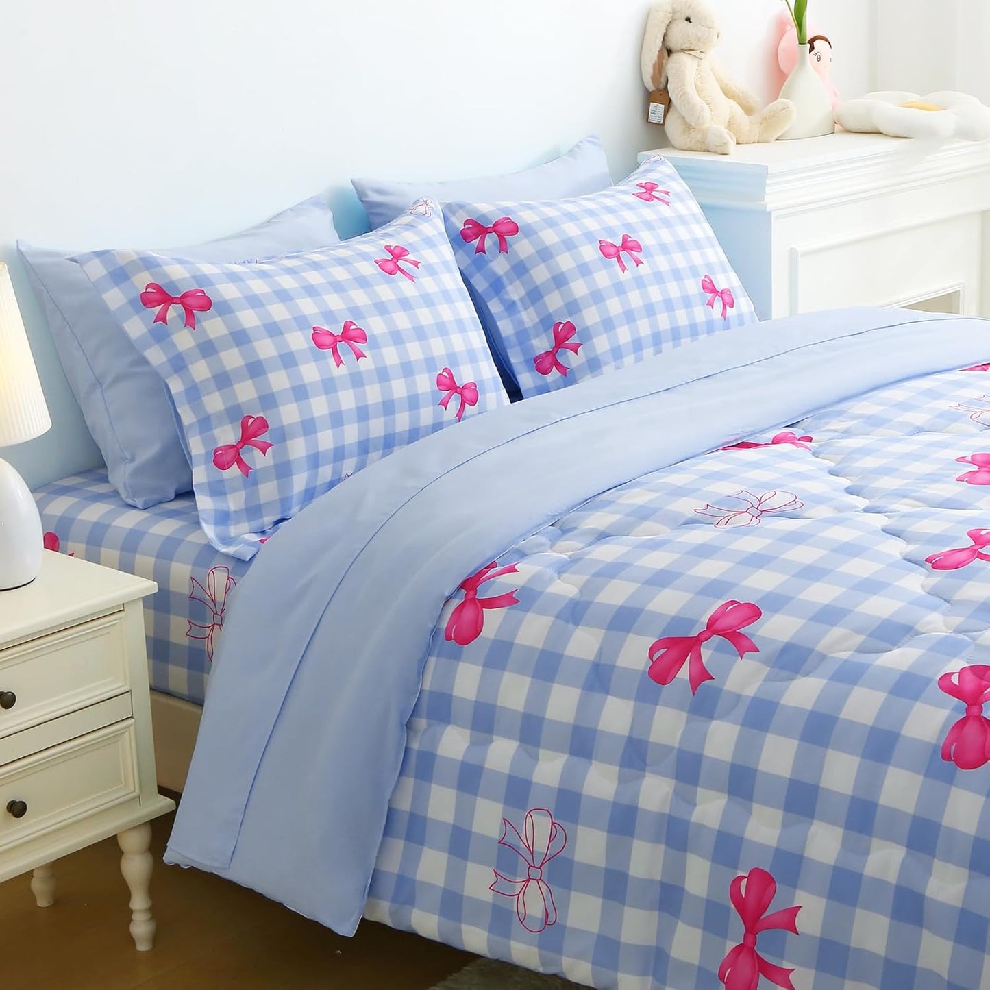 Wajade Bow Comforter Set 7 Piece Blue White Plaid Comforter Sets for Girls Kids Queen Size Checkered Bedding Set with Sheet and 2 Pillowcases 2 Pillow Shams Cute Girls Bed in a Bag as Birthday Choice