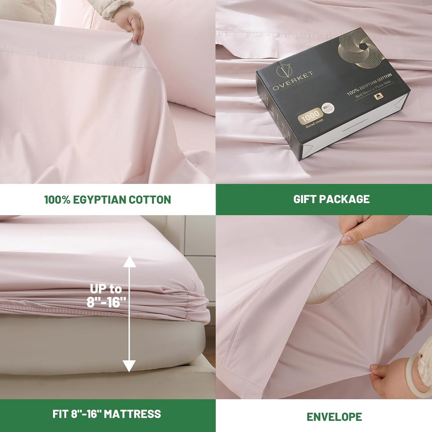 1000 Thread Count Egyptian Cotton Sheets Queen Size Set Sateen Weave Soft Breathable 16-Inch Deep Pocket 4PCS（Queen,Light Pink）