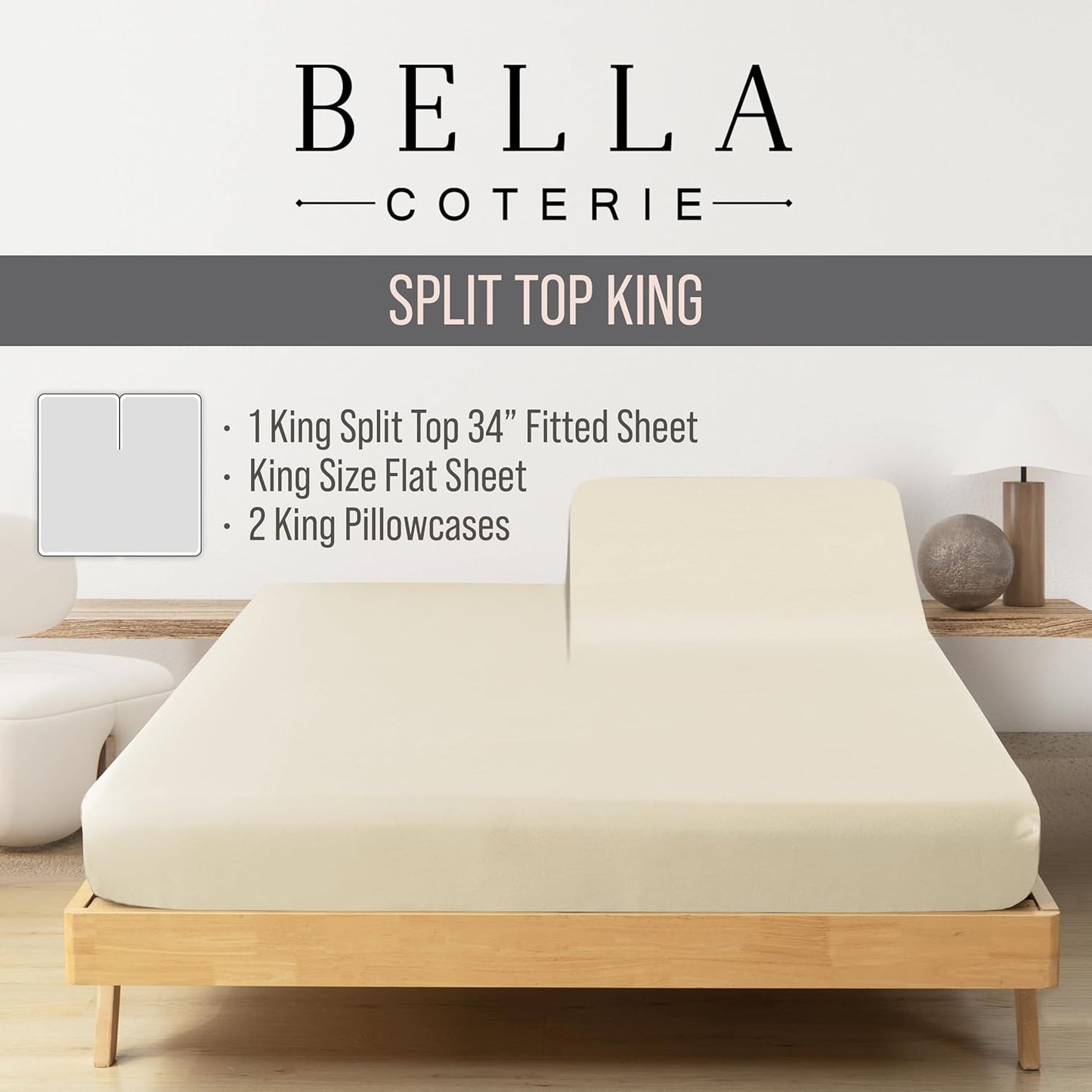 Bella Coterie Luxury Bamboo Viscose 34” Split Top King Size Sheet Set | 1 Fitted Sheet for Sleep Number & Adjustable Beds | 100% Organically Grown | Cooling & Soft | 18” Deep Pocket [Ivory]