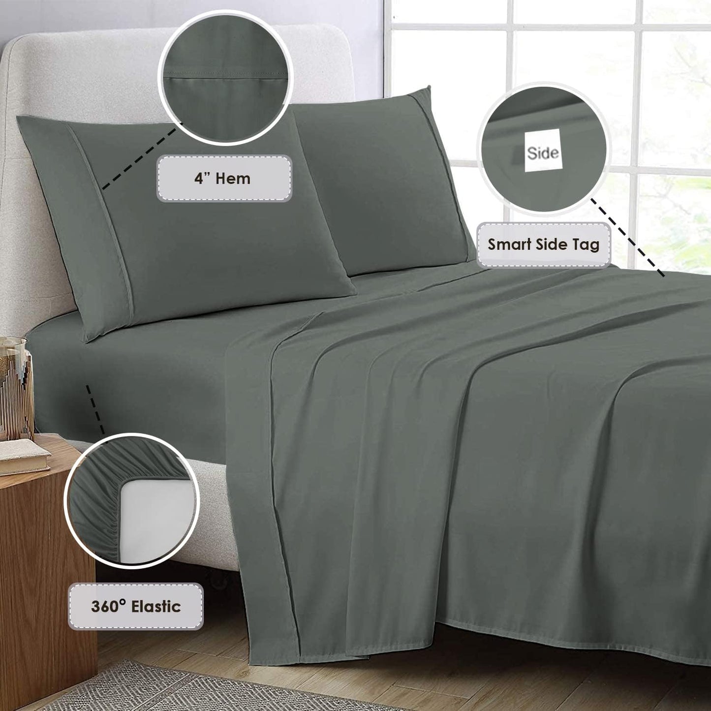 Pizuna Pure 100% Cotton Queen Size Sheets, 800 Thread Count Long Staple Cotton Crisp Sateen Sheets with 15inch Deep Pocket - Combed Dark Grey Cotton