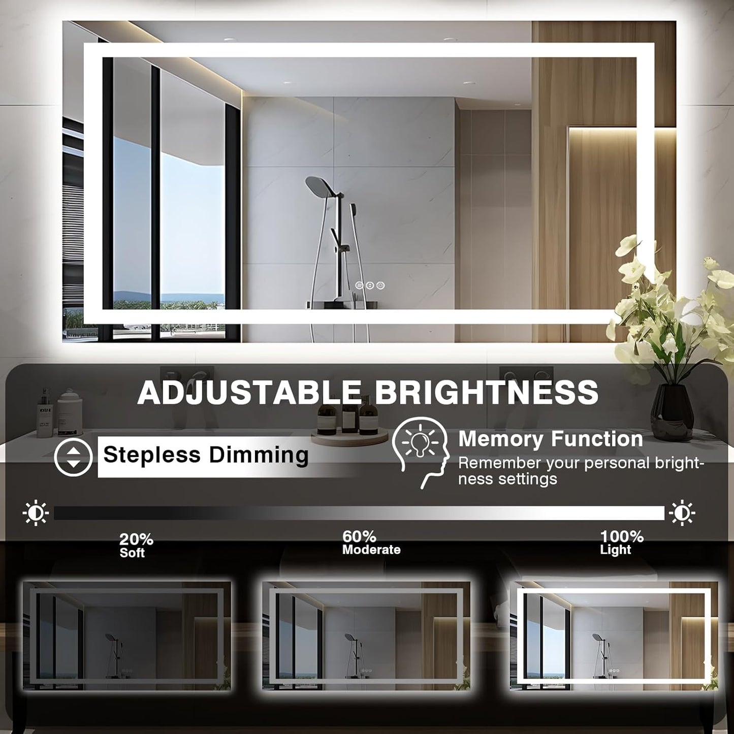 60"x30" Large LED Bathroom Vanity Mirror with Front Light and Backlit, Anti-Fog Illuminated Bathroom Mirror, Stepless Dimmable LED Mirror, 3 Colors Smart Mirror (Horizontal/Vertical)
