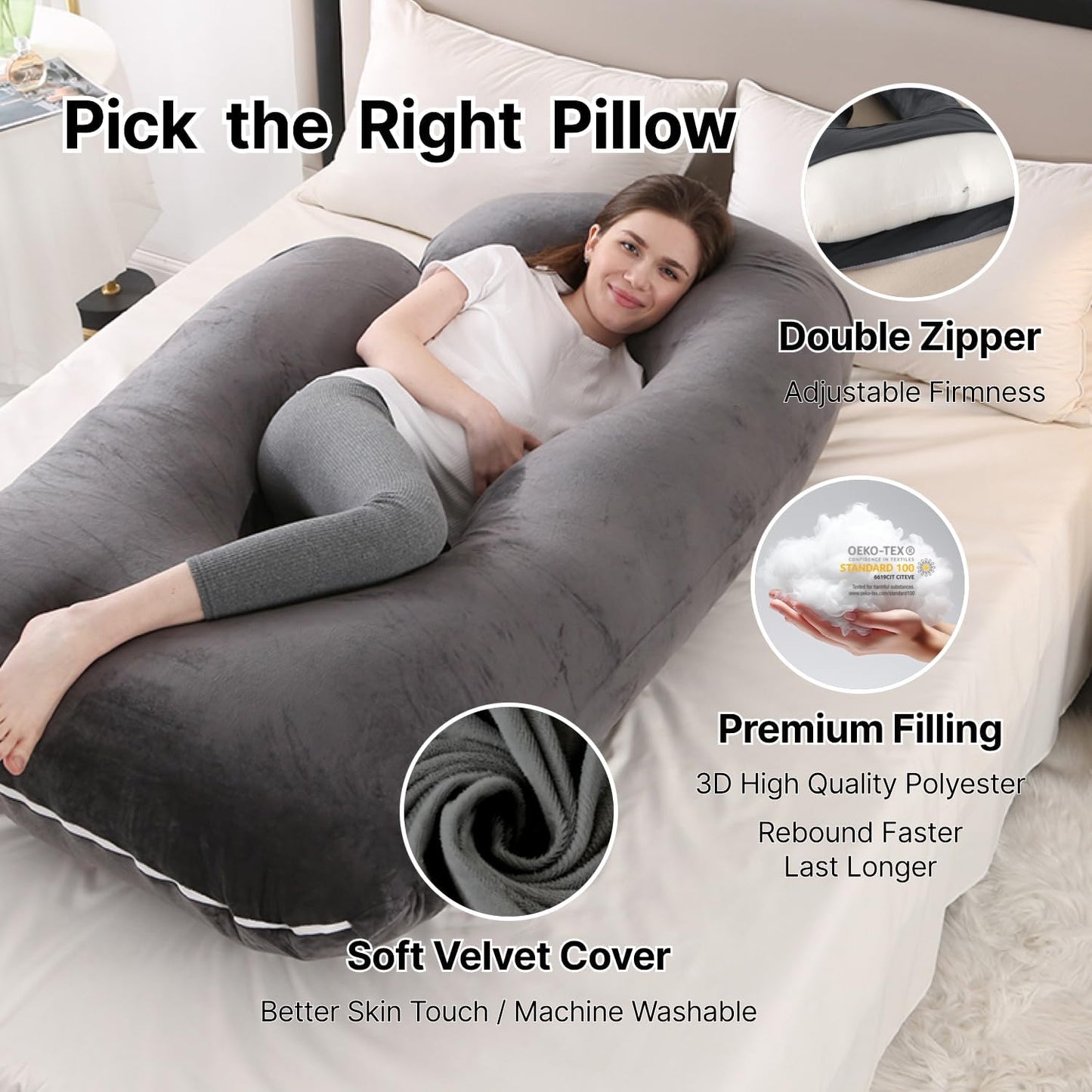 ALLOPERA Pregnancy Pillow, Full Body 57 Inch Maternity Pillow with Removable Washable Cover - Sleep Support for Legs, Back, Neck, Shoulder, HIPS, Belly for Pregnent Women, Black Grey Velvet Cover