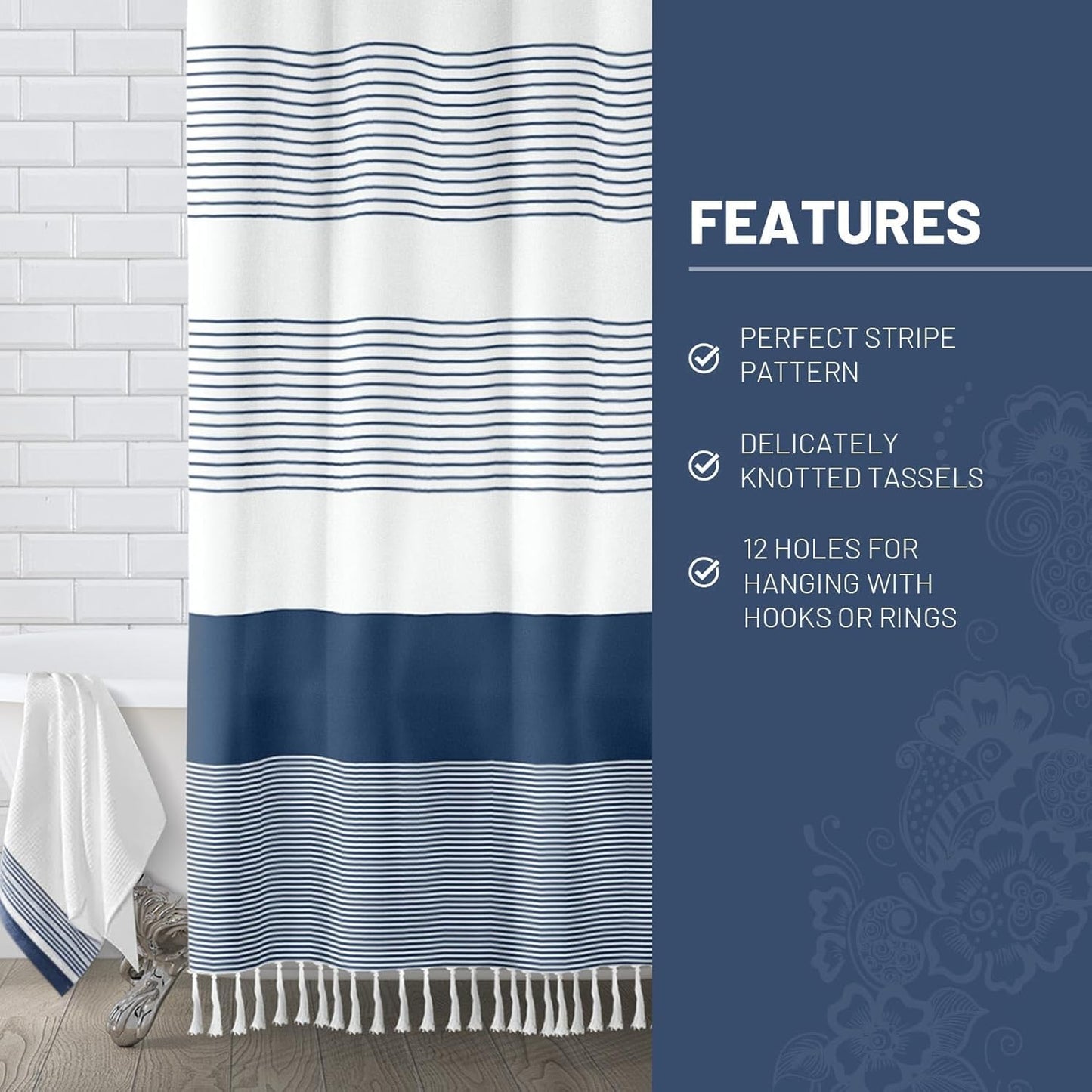 Awellife Navy Blue Shower Curtain for Bathroom Stripe Tassel Shower Curtain 72 X 96 Inches Farmhouse Cotton Extra Long