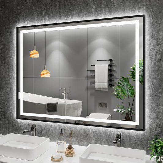 Amorho 48" X40" LED Bathroom Mirror Black Frame, Front Light and Backlit, Stepless Dimmable, Anti-Fog, Shatter-Proof, Memory, 3 Colors, Double LED Vanity Mirror