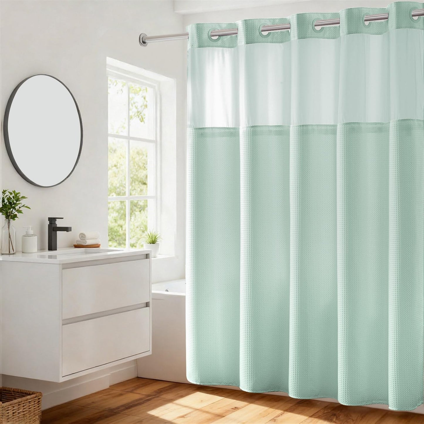 River Dream Heavyweight No Hooks Required Dotted Waffle Weave Shower Curtain with Snap in Liner - 71W x 74H,Hotel Grade,Spa Like Bath Curtain,Misty Blue