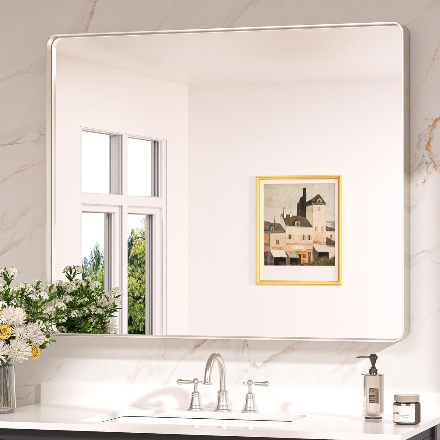 Keonjinn 42 x 36 Brushed Nickel Bathroom Vanity Mirror, Large Rounded Rectangle Bathroom Mirrors for over Sink, Metal Framed Silver Mirror for Wall, Shatterproof HD Tempered Glass(Horizontal/Vertical)