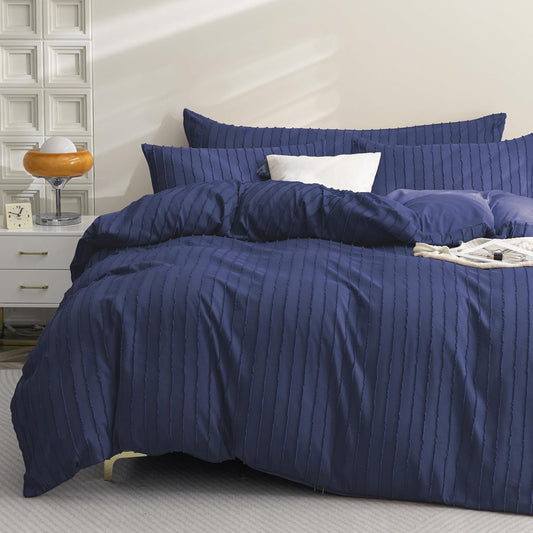JELLYMONI Duvet Cover Full Size Navy Blue - 3PCS Boho Striped Duvet Cover Set Polyester Tufted Bohemian Textured Comforter Cover 80×90in with Corner Ties & Zipper and 2 Pillowcases