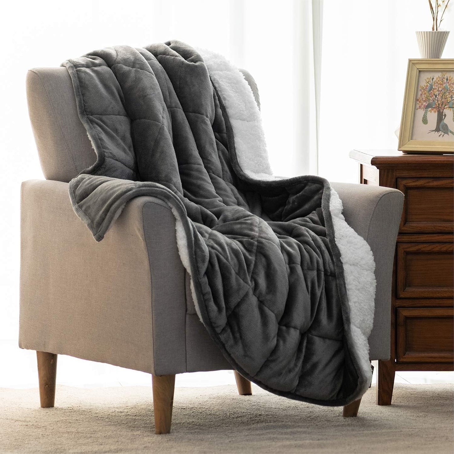 Uttermara Weighted Blanket Queen Size 20lbs 60x80 inches, Cozy Sherpa Weighted Blankets with Soft Plush Fleece, Warm Snuggle Thick Heavy Blanket Great for Sleep Calming, Grey White