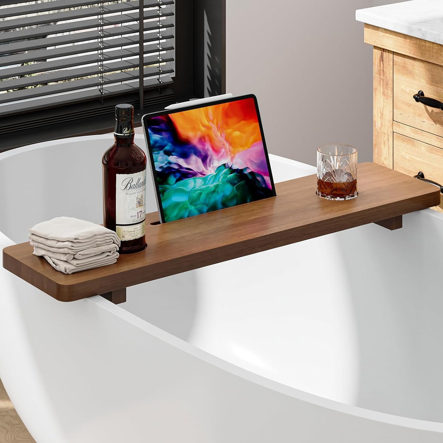 Premium 1.2IN Thickened African Solid Teak Bathtub Tray, 35” Waterproof Bath Caddy with Adjustable Legs, Bathtub Accessories, Fits Most Bath Tubs
