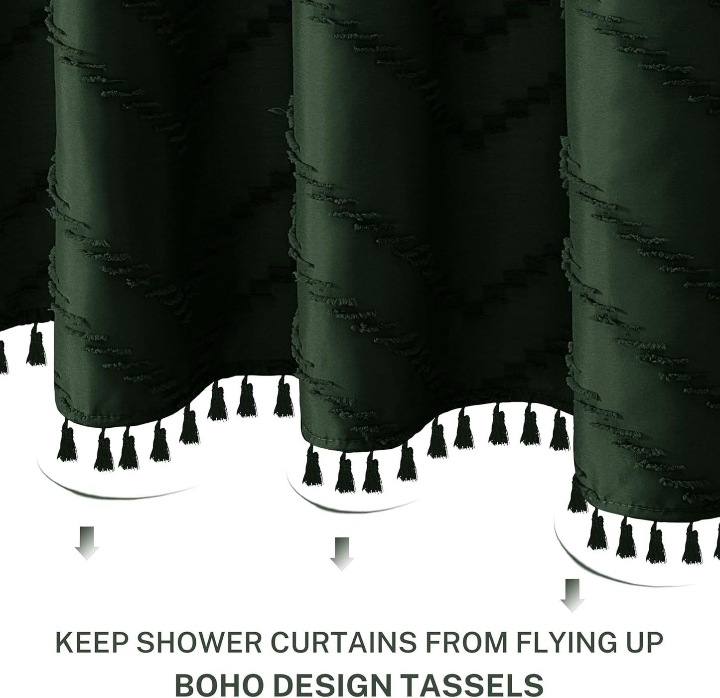Boho Extra Long Dark Green Shower Curtain with Tassel, Woven Fabric Shower Curtain, Tufted Chevron Striped, 72 x 78, Modern Chic Textured Minimalist Bathroom Shower Curtains