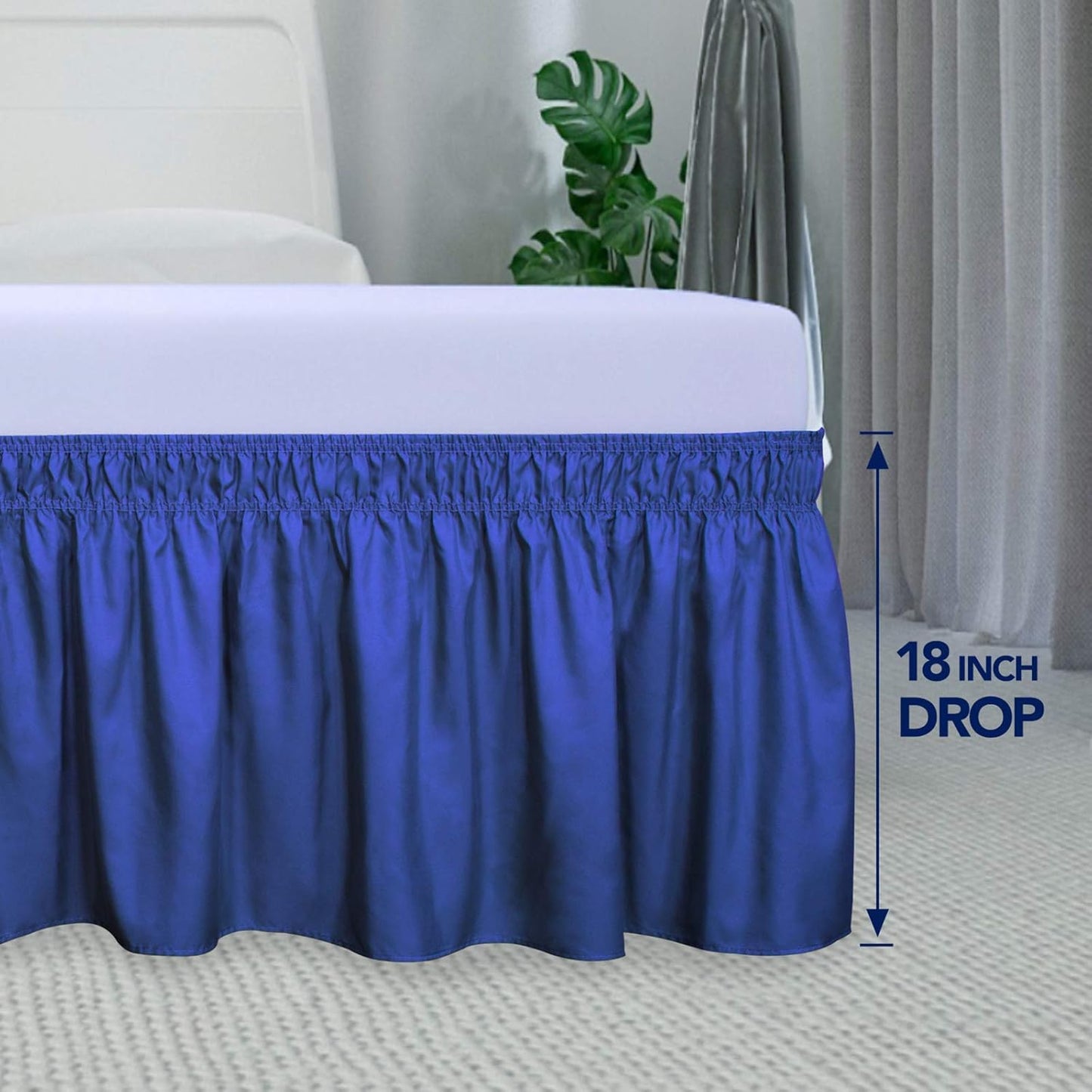 PureFit Wrap Around Ruffled Bed Skirt with Adjustable Elastic Belt - 18 Inch Drop Easy to Put On, Wrinkle Free Bedskirt Dust Ruffles, Bed Frame Cover for Queen, King and C-King Size Bed, Classic Blue