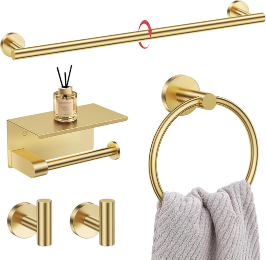 5-Piece Towel Bar Set Brushed Gold Bathroom Hardware Accessories Set Upgraded Toilet Paper Holder with Shelf Towel Holder Set for Bathroom Stainless Steel Wall Mounted