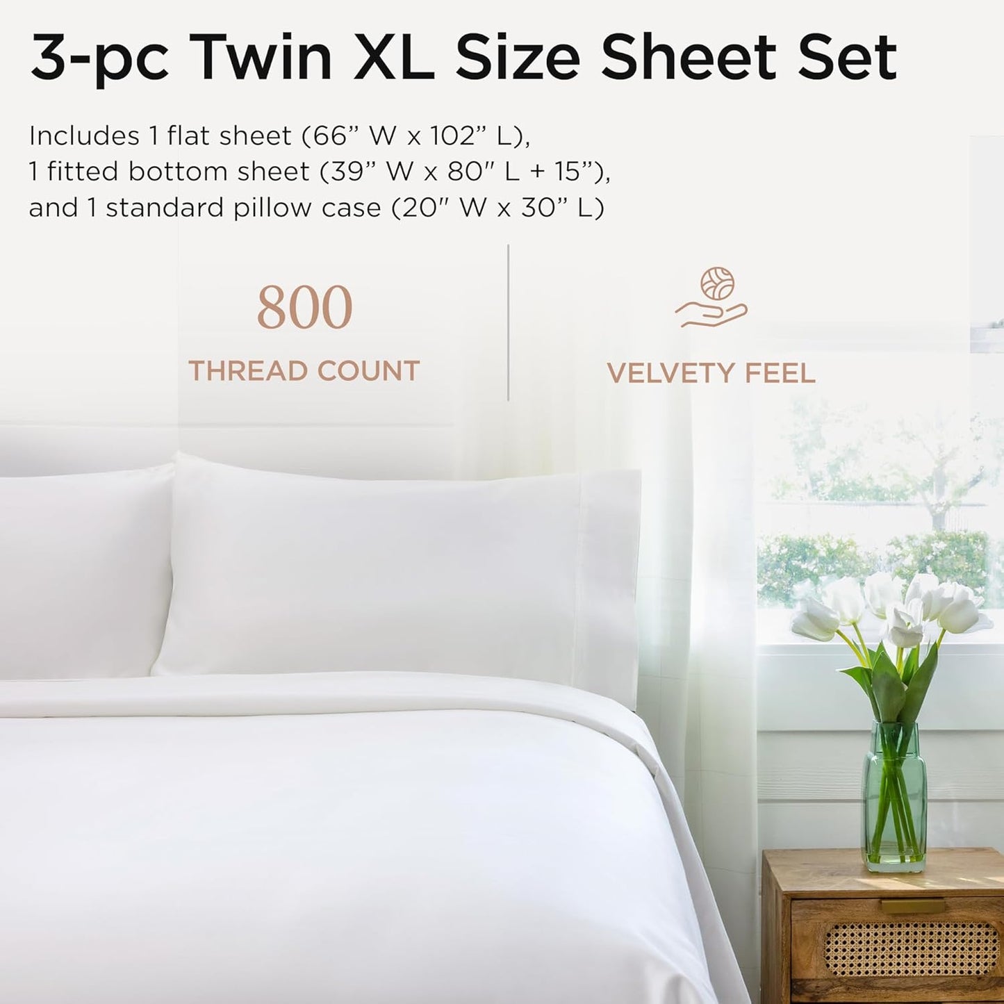 Threadmill Luxury 800 Thread Count 100% Cotton Sheets - Sateen Weave Twin XL Bed-Sheets, Better Than Egyptian Cotton,3 Pc Solid Bedding Set (Hotel White), Fits 15" Deep Pocket