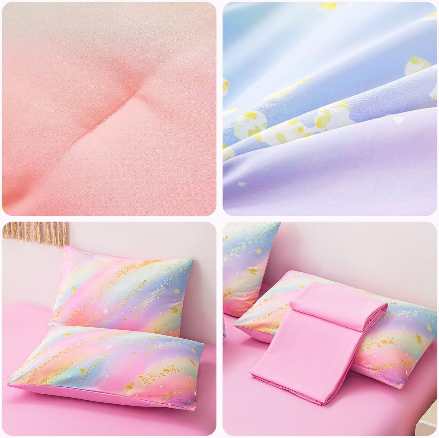 Rainbow Bedding Set Full Size – 6-Piece Reversible Girls Comforter with Deep-Pocket Sheet, Gradient Galaxy Design, Whole-Piece Filling, Machine Washable Bed-in-a-Bag for Kids Room Makeover & Gifts