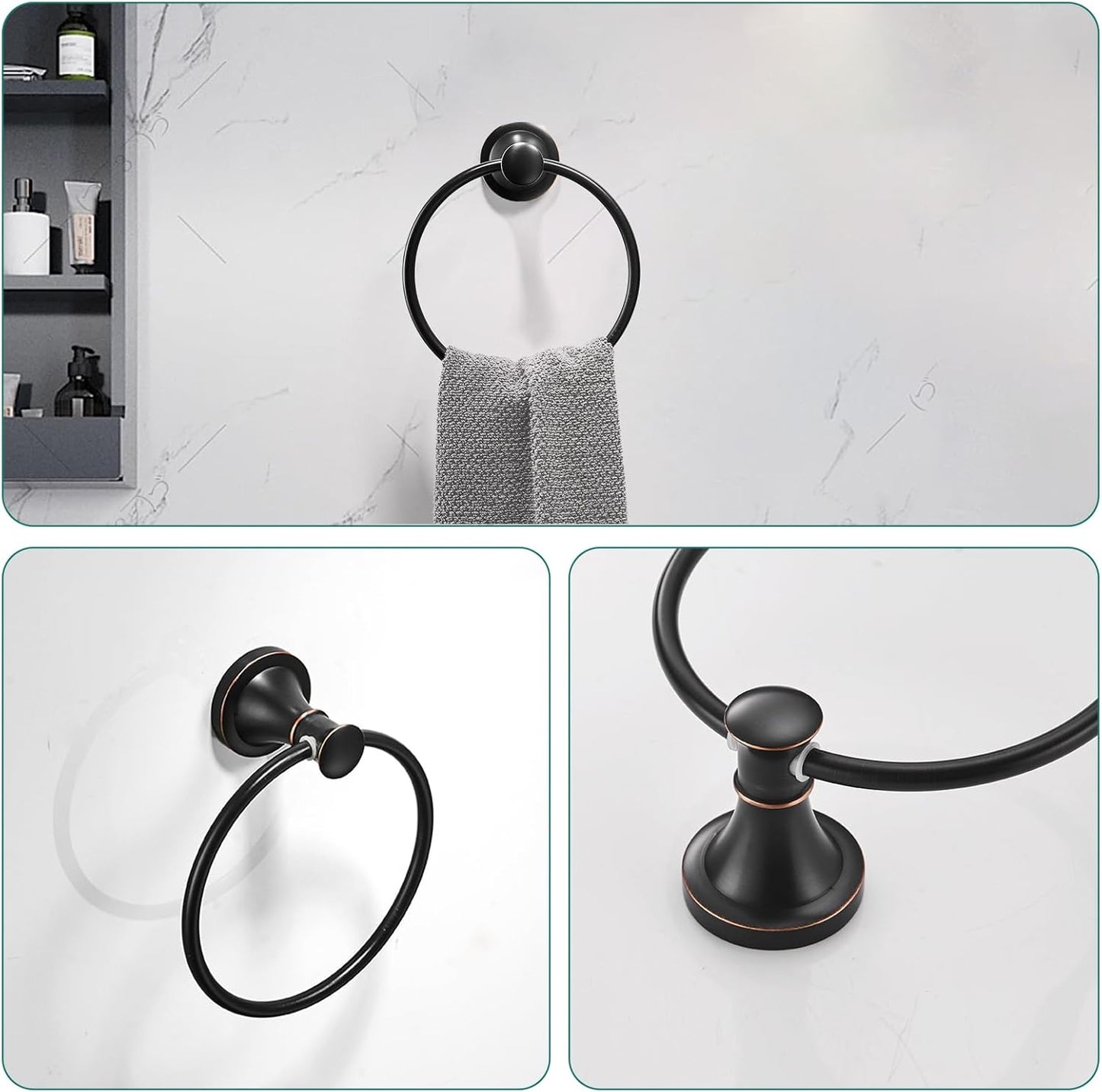 Hoimpro Oil Rubbed Bronze Bathroom Accessory Set, 4-Piece Wall Mount Hardware with Adjustable Towel Bar Rack, Towel Ring, Paper Towel Holder, Double Towel Hooks