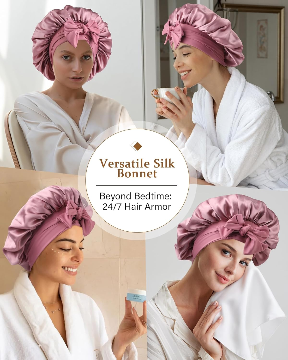 AWAYTR Mulberry Silk Bonnet for Sleeping - Silk Sleep Bonnet with Tie Band for Curly Hair Men and Women (Rose Gold)