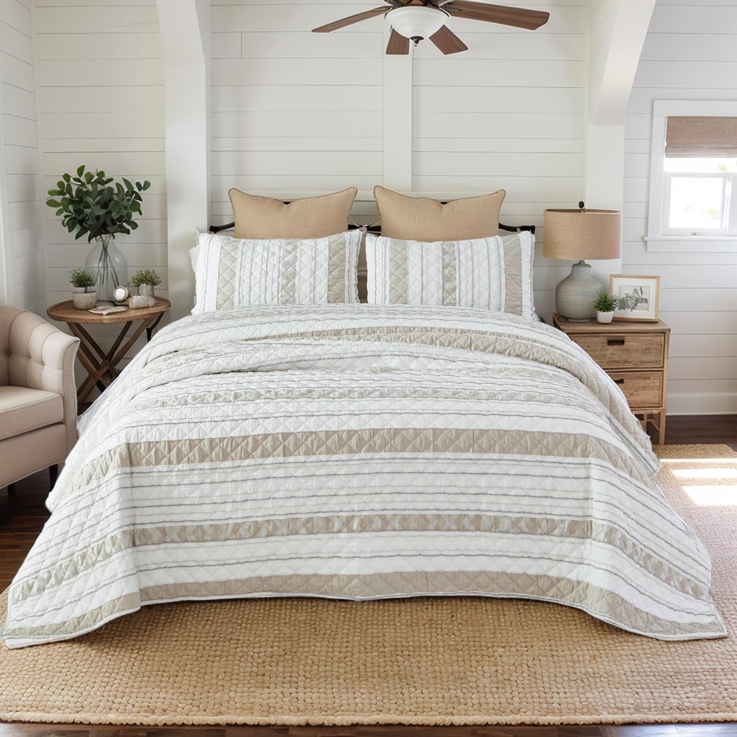 Brandream Queen Size Quilt Set Cotton Blend Patchwork Quilts White Beige Striped Quilts Modern Farmhouse Waffle Quilted Comforter Set 3-Piece