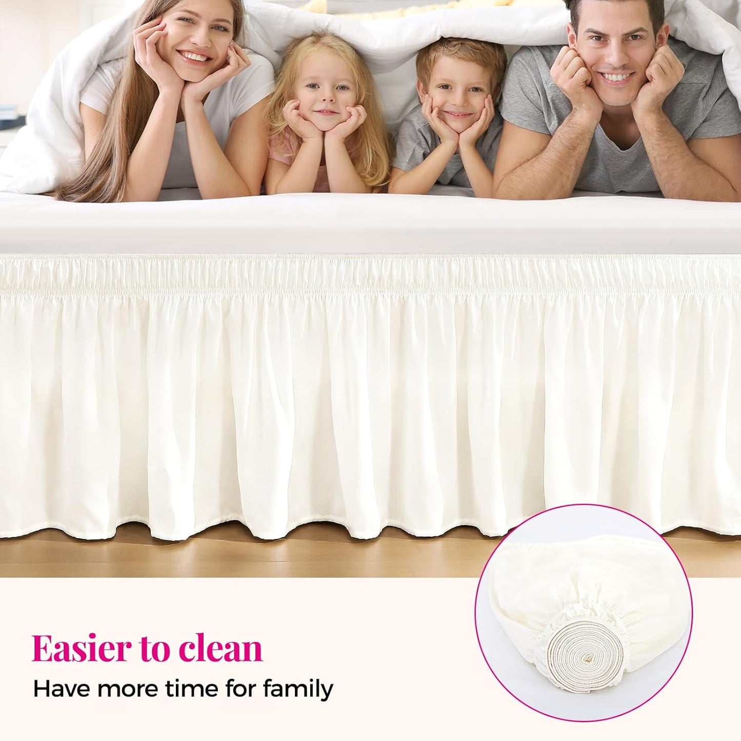 RIMELA Cream White Bed Skirt King Size 15 Inch Drop, Wrap Around Elastic Bedskirt, Dust Ruffle for Adjustable Bed Base Machine Washable Easy to Install Bed Skirts