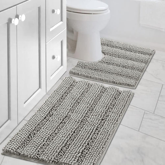 H.VERSAILTEX Bathroom Rugs Bath Rug Set 2 Piece Bathroom Contour Rug Toilet Mat Sets Non Slip Contour Bath Rug Ultra Thick Water Absorbent Striped Bath Mats Washable(20" x 32" Plus 20" x 20" U, Dove)