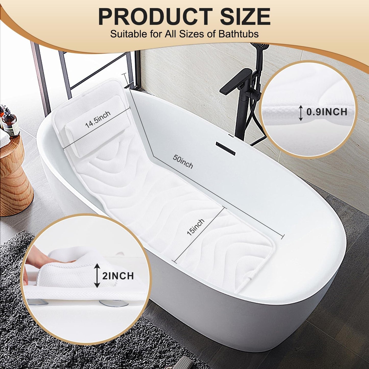 Full Body Bath Pillow for Bathtub, Non-Slip Bath Pillows for Tub, Spa Bathtub Pillow Cushion for Headrest Neck Shoulder and Back Rest Support，Relaxation Spa Accessories-50 x 15" (White)