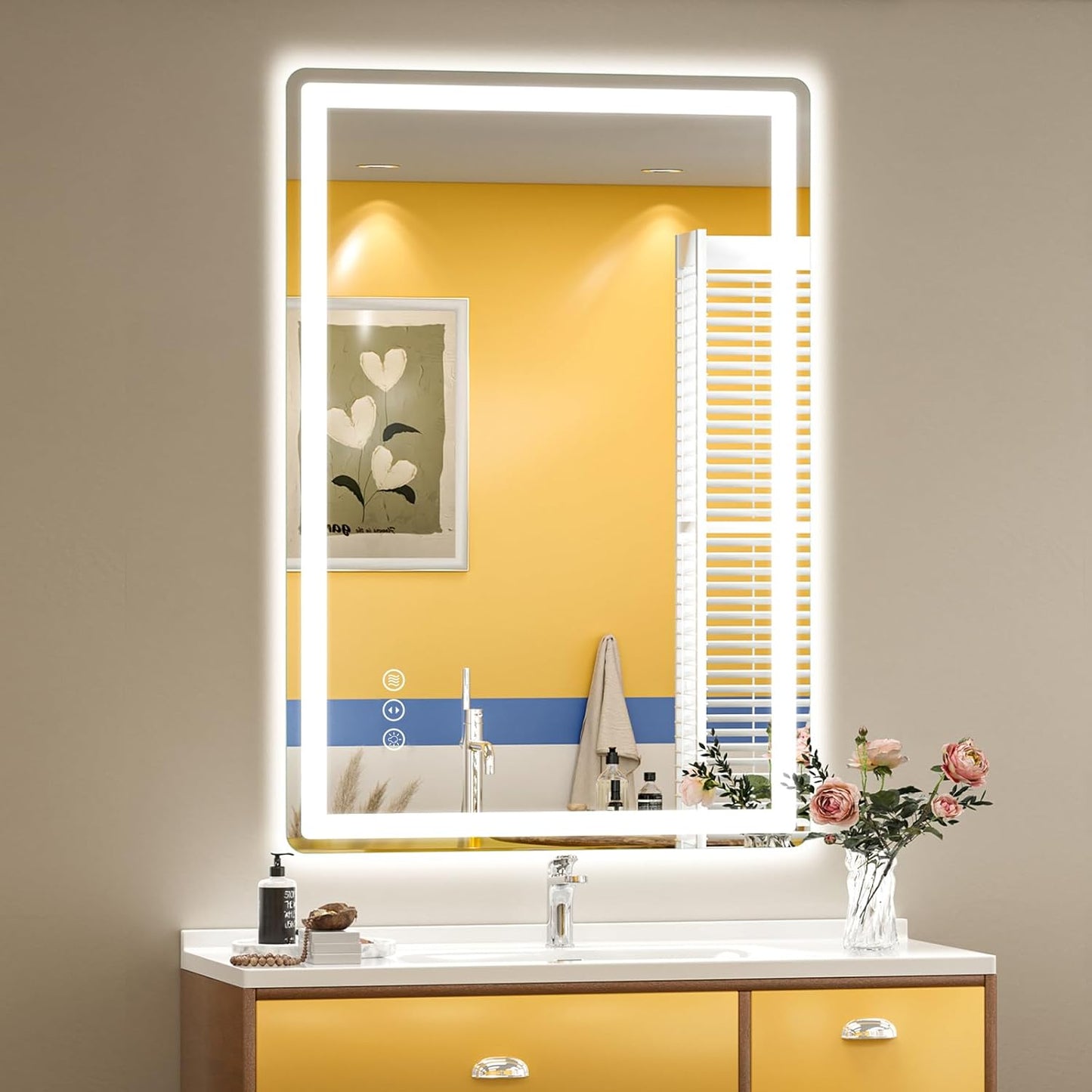 SMIROR LED Bathroom Mirror with Lights 22"x 30", Rounded Rectangle Lighted Vanity Mirror for Wall, Front Lit and Backlit, 3 Colors, Dimmable, Anti-Fog, Tempered Glass (Horizontally/Vertically)