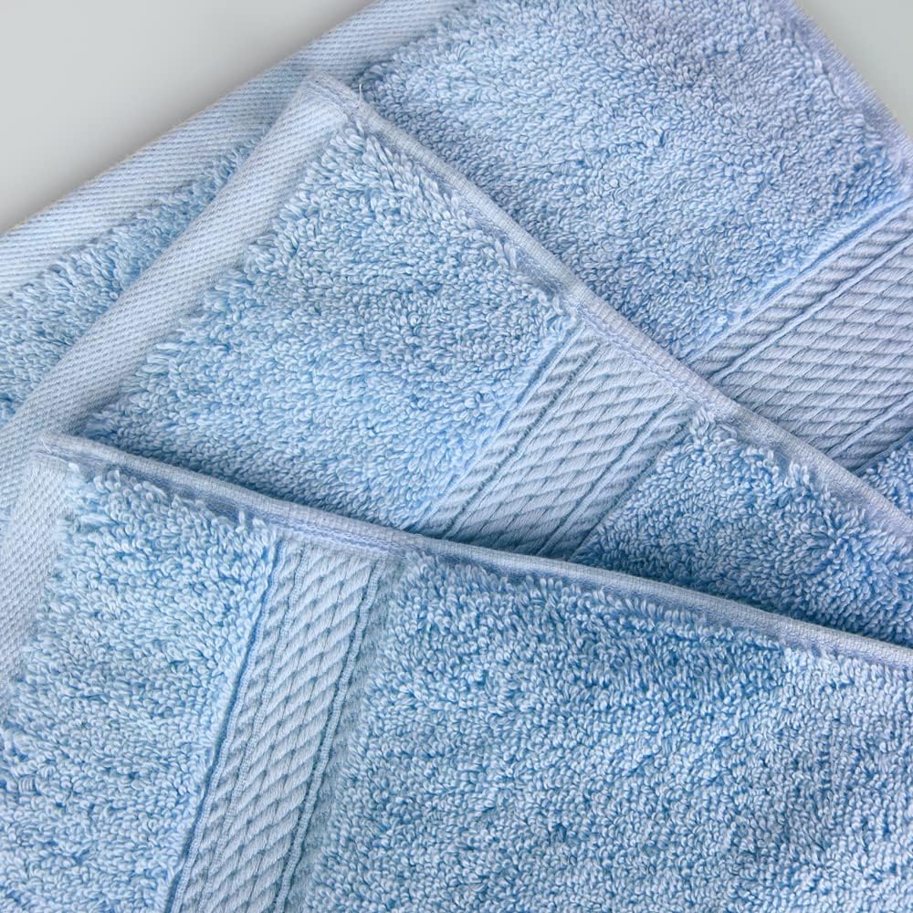 Superior Egyptian Cotton Pile Face Towel/Washcloth Set of 6, Ultra Soft Luxury Towels, Thick Plush Essentials, Absorbent Heavyweight, Guest Bath, Hotel, Spa, Home Bathroom, Shower Basics, Light Blue