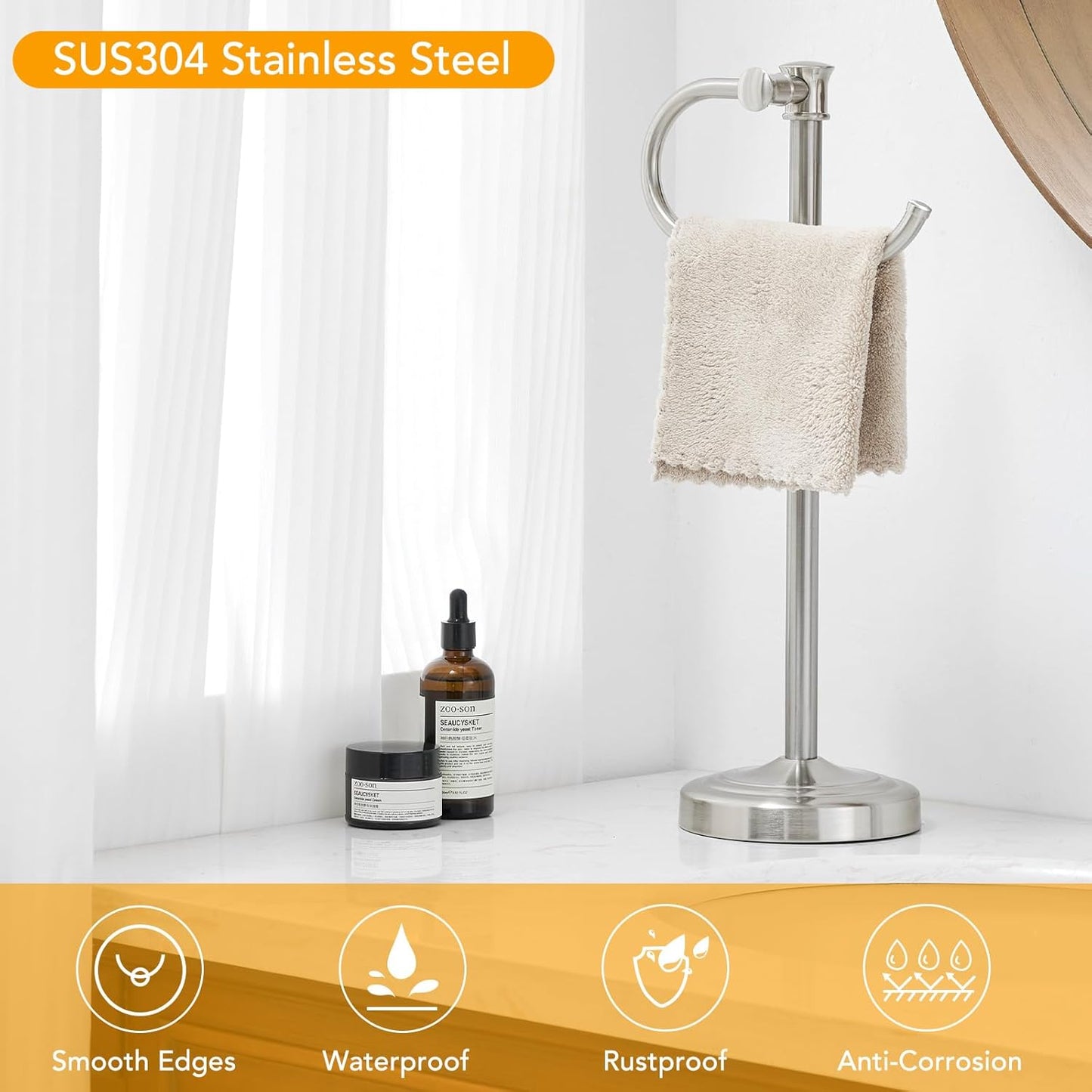 BESy 17 Inch Brushed Nickel Stand Towel Bar Hanger Hand Towel Bar Bathroom Vanity Countertop Towel Holder Free Standing Stainless Steel Towel Ring Hardware Accessories Towel Rack