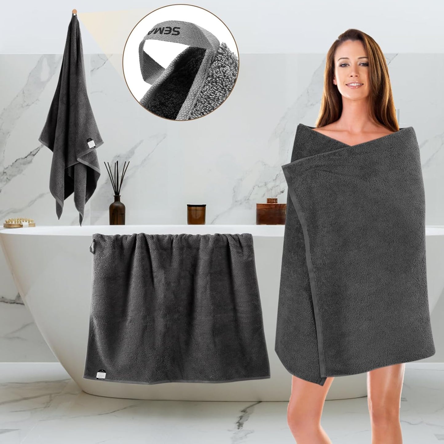 SEMAXE Grey Bath Towels Set of 4, 100% Cotton Luxury Bathroom Towels, Soft, Absorbent, and Quick-Drying, 55"x27", Perfect for Hotels, Gyms, and Spas