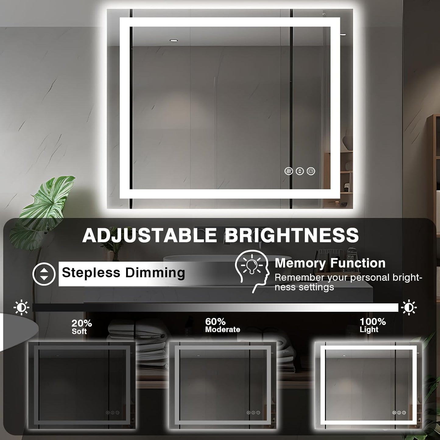 40"x36" LED Bathroom Vanity Mirrors with Front Light and Backlit, Anti-Fog Vanity Mirror with Lights, Stepless Dimmable Lighted Mirror, 3 Colors Smart Mirror (Horizontal/Vertical)