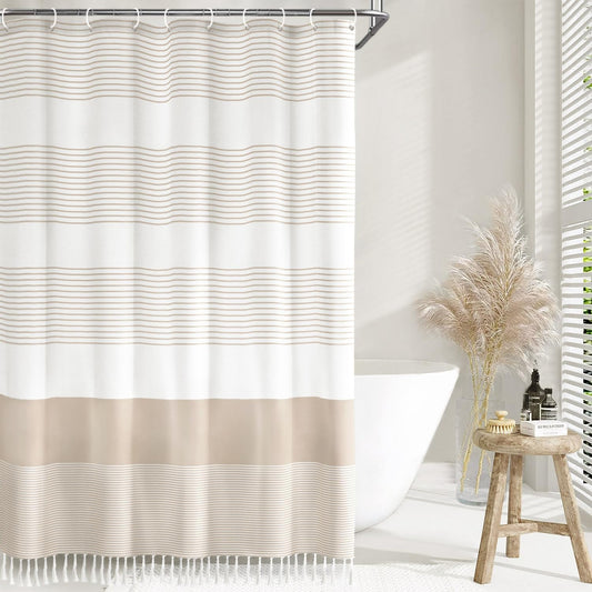 Awellife Boho Beige Shower Curtain for Bathroom Stripe Tassel Shower Curtain 54 X 72 Inches Farmhouse Cotton