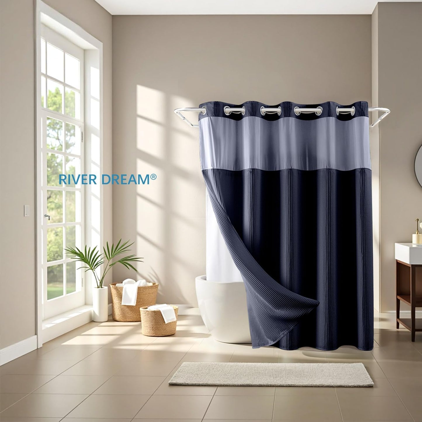 River Dream Navy Blue Fabric Shower Curtain Set, Cotton Blend, Waffle Weave, with Snap in Replacement Liner，71 x 74 inches