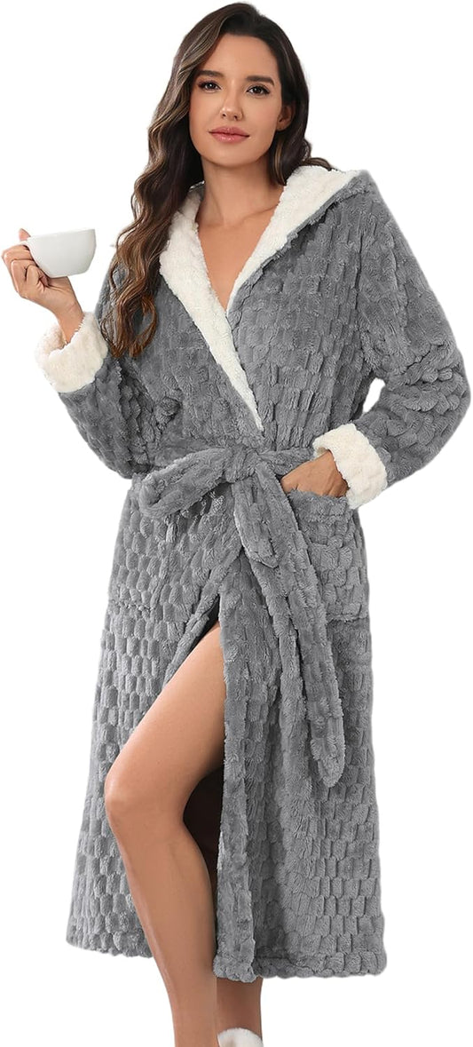 Ekouaer Womens Plush Robes Long Soft Jacquard Fluffy Bathrobe Hooded Robe Sleepwear with Pockets