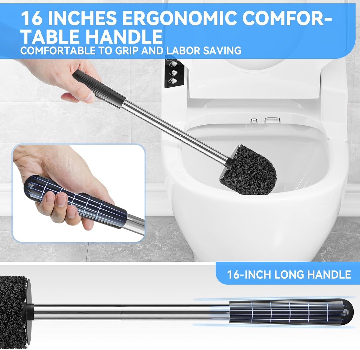 TRENTI Toilet Brush, Toilet Brush and Holder Set, Bristles Toilet Bowl Brush Head with Ventilated Holder, Wall Mounted Compact Toilet Brush Set for Bathroom Deep Cleaning (1, Black)