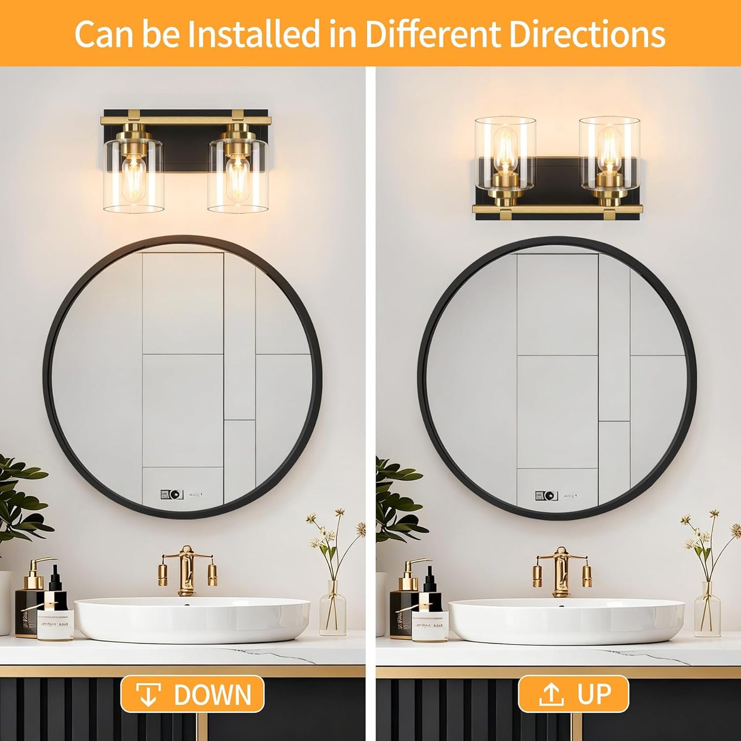 2 Light Modern Bathroom Light Fixtures Over Mirror, Black Gold Vanity Lights for Bathroom Wall Sconces with Clear Glass Shades, E26 Socket (Bulbs Not Included)