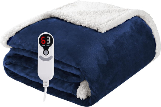 Electric Heated Blanket Throw Size 50"x60", Soft Flannel with Overheat Protection, 6 Adjustable Heat Settings & 3-Hour Auto-Off Timer, Fast Heating for Winter Comfort, Navy Blue