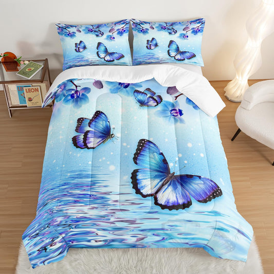 Fantasy Blue Themed Aesthetic Bedding Queen Comforter Set,Butterflies on Water with Falling Flowers Comforter Sets for Kids Girls Boys,Pretty Butterfly Pattern Bedding Sets with 2 Pillowcases.