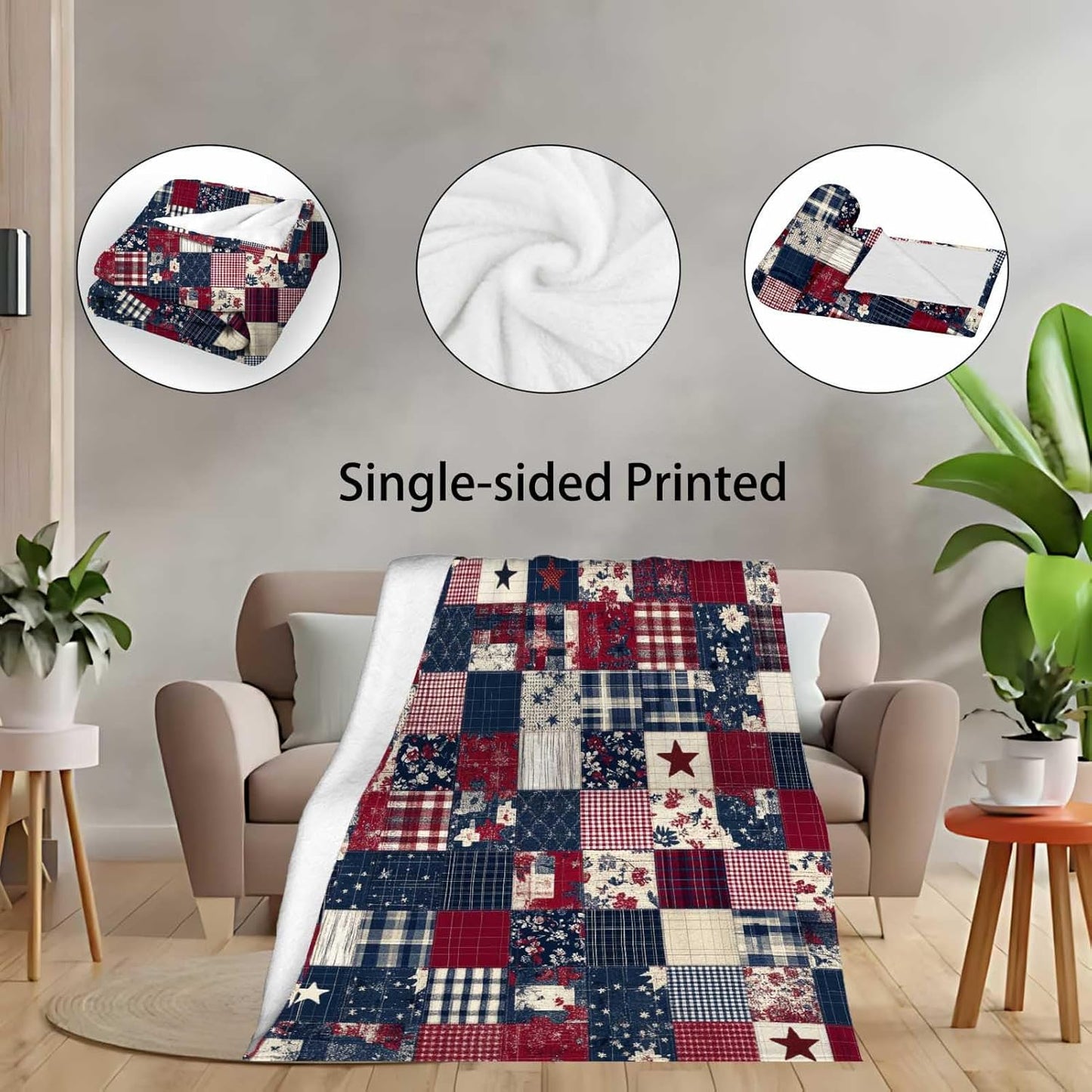 Printed Patchwork Country Blanket Throw for Women and Men, Farmhouse Vintage Blanket Gift, Lightweight Fleece Americana Rustic Home Decor, 40"×50"